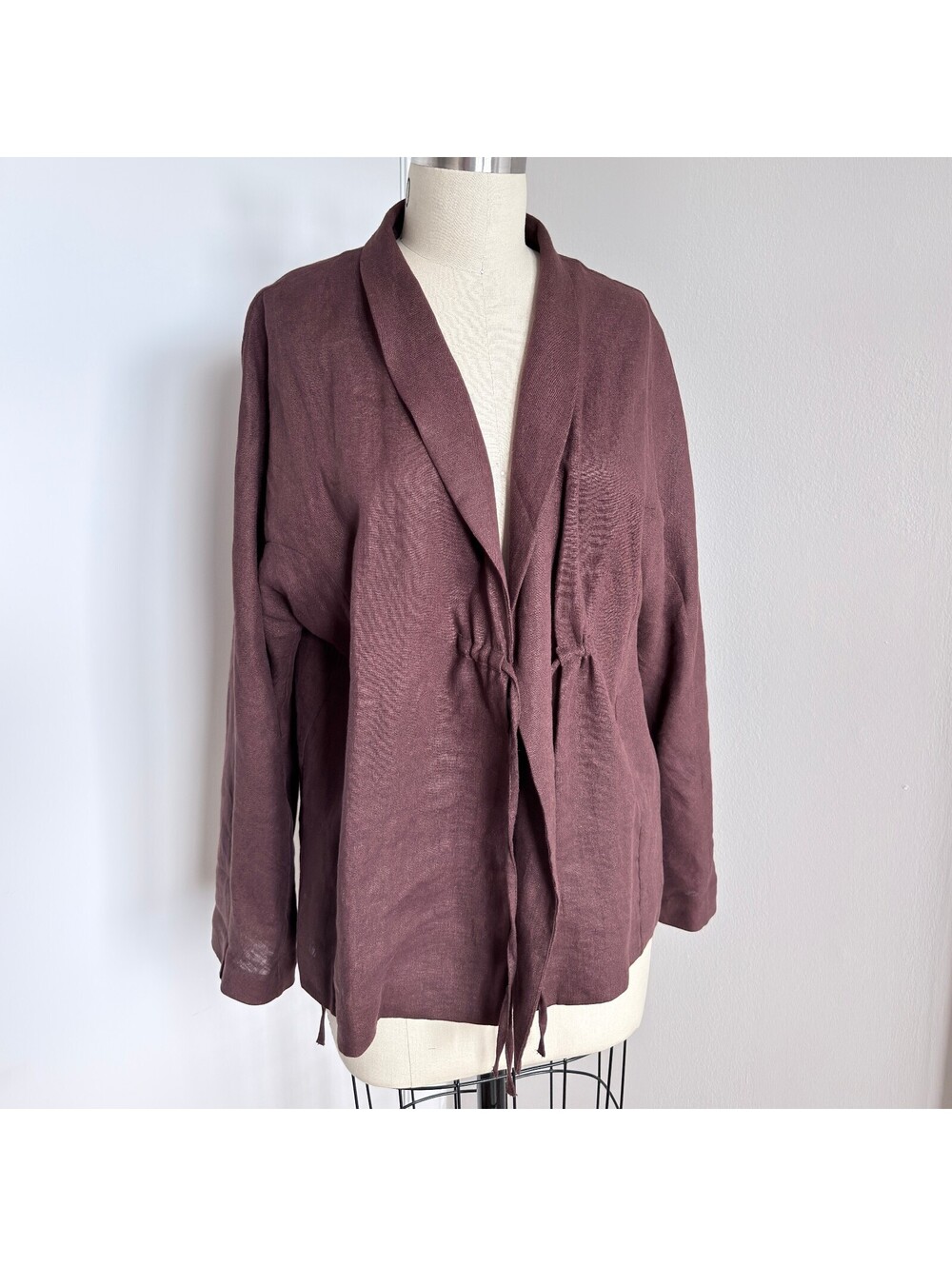 Massimo Dutti Linen Blend Kimono Jacket with Tie Detail - Chocolate, Size L - Picture 2 of 8